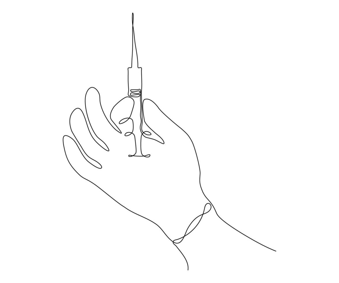 a hand with a syringe, hand-drawn, continuous mono line, one line art, contour drawing vector