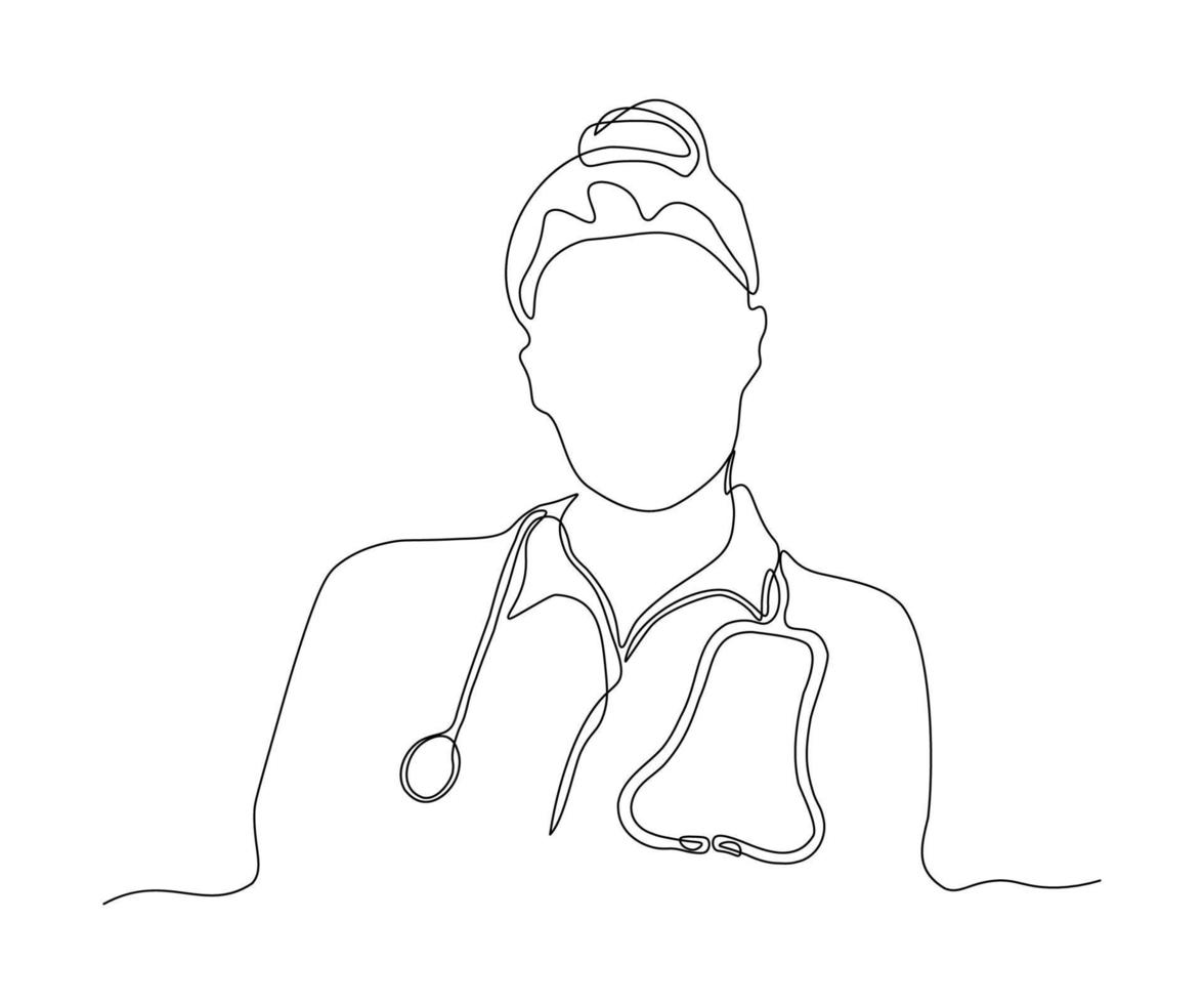 abstract doctor without a face with a stethoscope, hand-drawn, continuous mono line, one line art, contour drawing vector