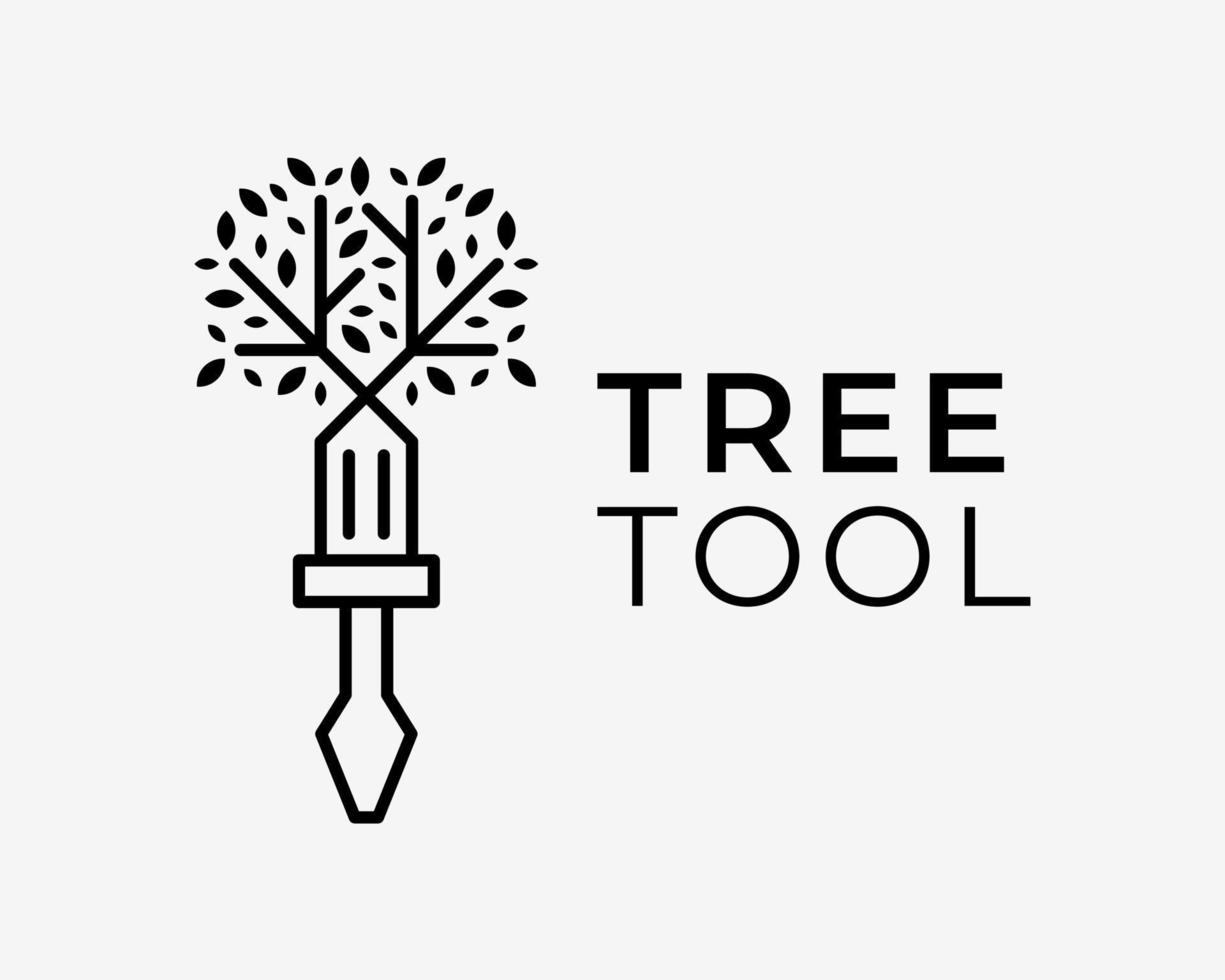 Screwdriver Equipment Tool Repair Toolkit Tree Branch Leaves Wood Simple Line Art Vector Logo Design