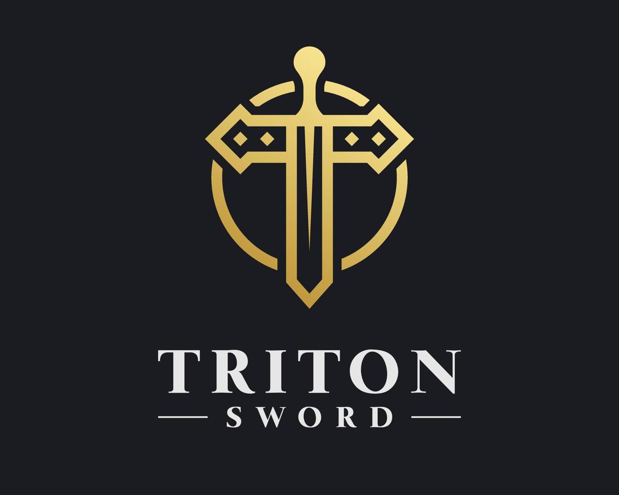 espada caballero batalla guerra medieval oro elegante lujo clásico con letra t forma vector logo diseño