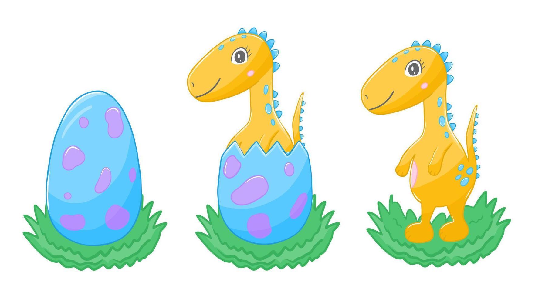 pequeño dino en juego de huevos eclosionados vector