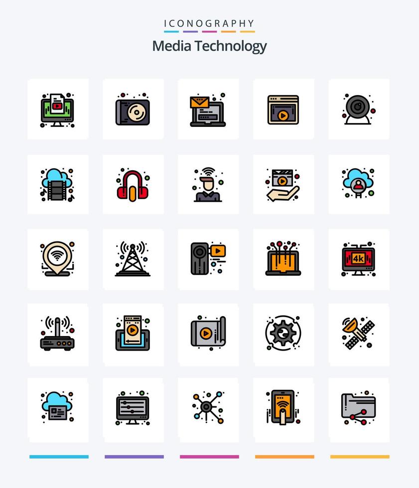 Creative Media Technology 25 Line FIlled icon pack  Such As video player. player. computer. display. login vector