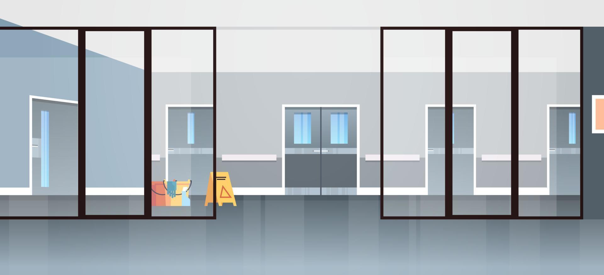 Empty hospital corridor area no people and open space modern hospital rooms corridor interior design flat vector illustration.