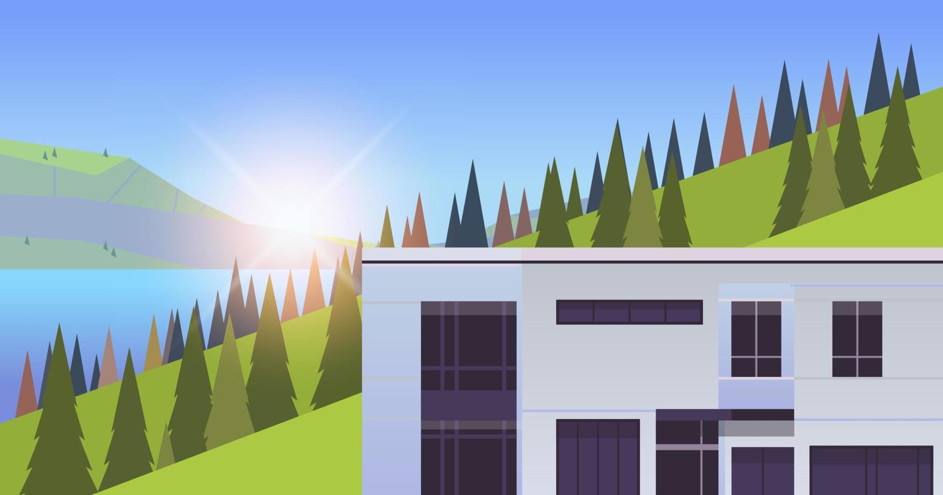 Mountains residential houses area and summer season landscape concept flat vector illustration.