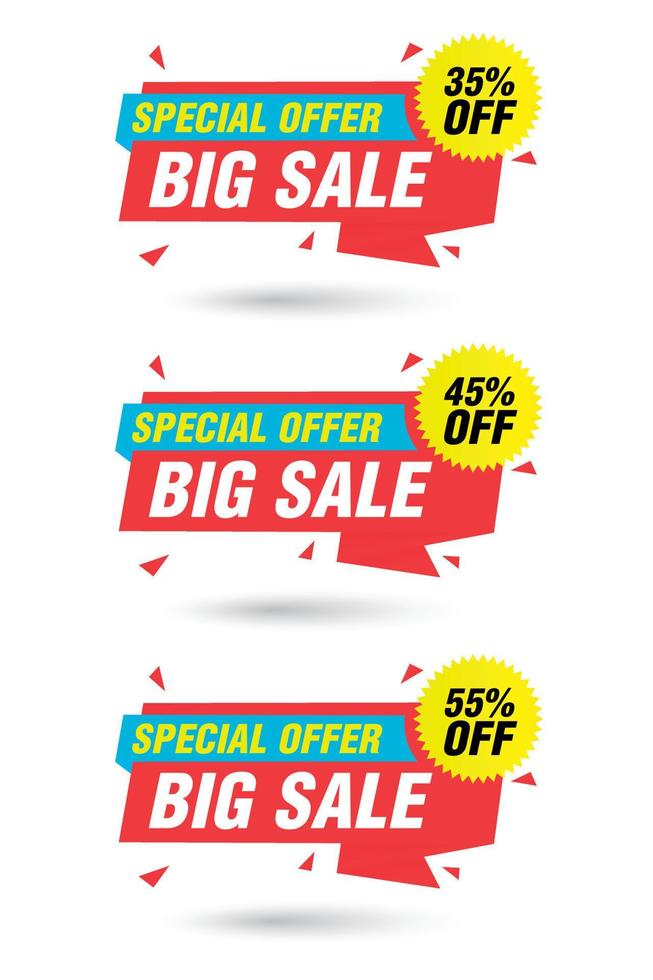 Special offer big sale red origami label set. Sale 35, 45, 55 percent off discount vector