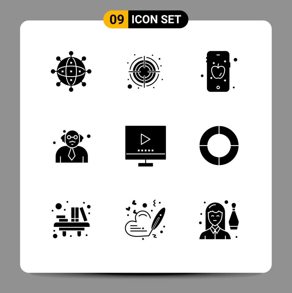 Pack of 9 Modern Solid Glyphs Signs and Symbols for Web Print Media such as technology devices target education school Editable Vector Design Elements