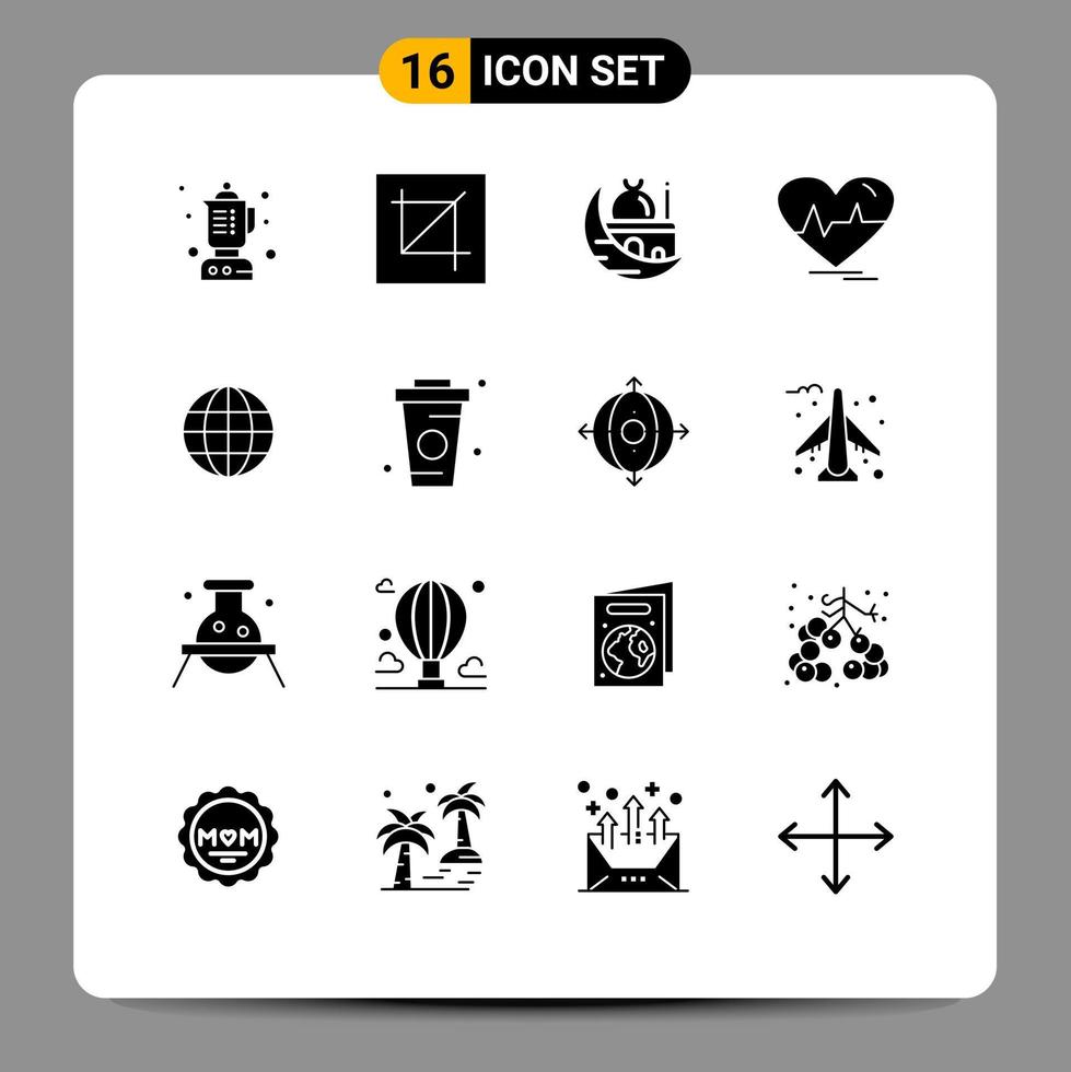 Universal Icon Symbols Group of 16 Modern Solid Glyphs of beat heartbeat crescent heart muslim Editable Vector Design Elements