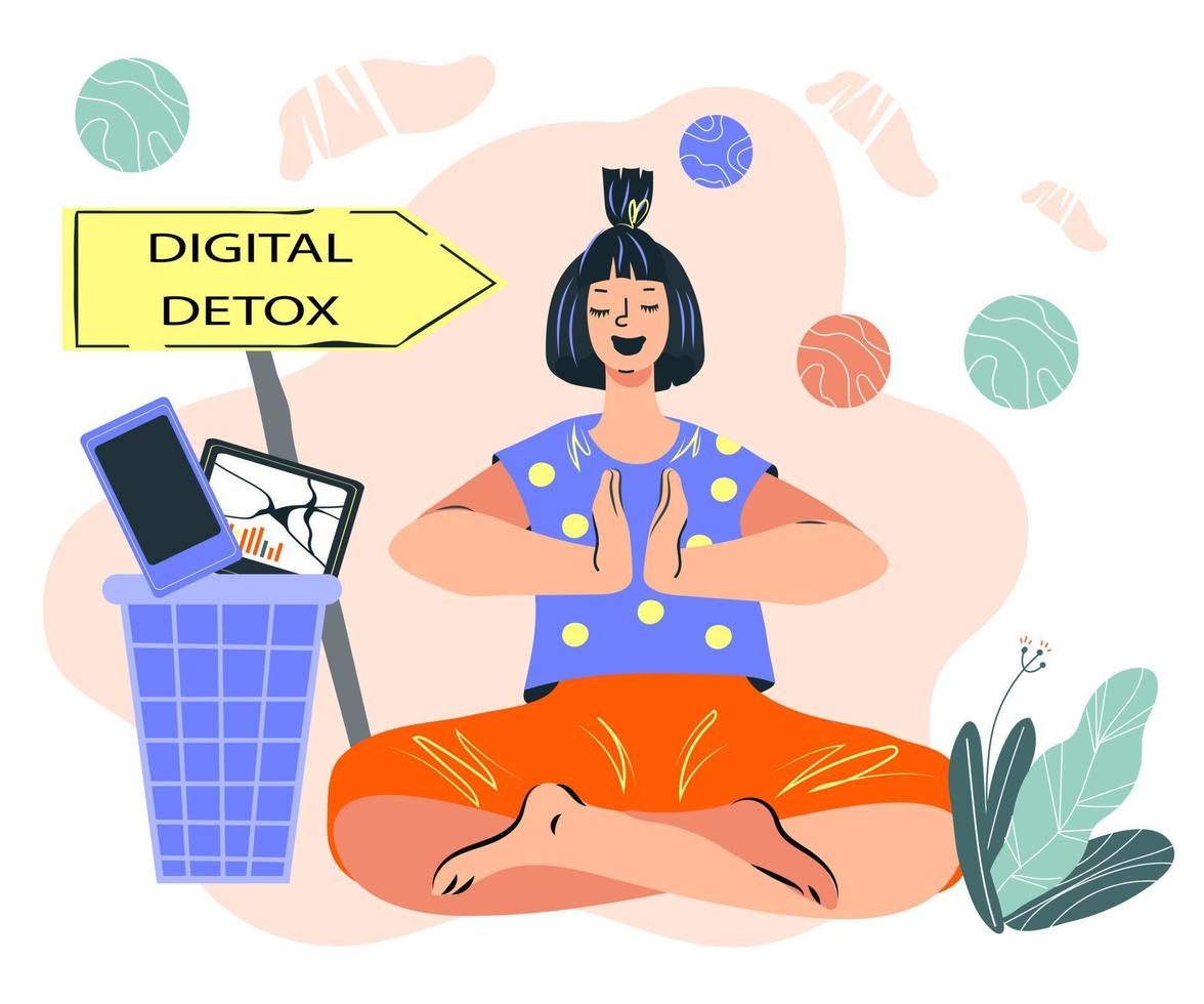 mujer meditando disfrutando de un descanso en el uso de aparatos. desintoxicación digital y salir del concepto de adicción al teléfono y a Internet con ilustración de vector de dibujos animados de chica relajante.