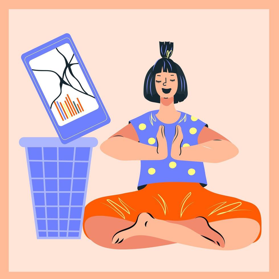 Digital detox and day without gadgets banner concept with woman in yoga pose refusing to use the phone. Digital and internet addiction, flat vector illustration.