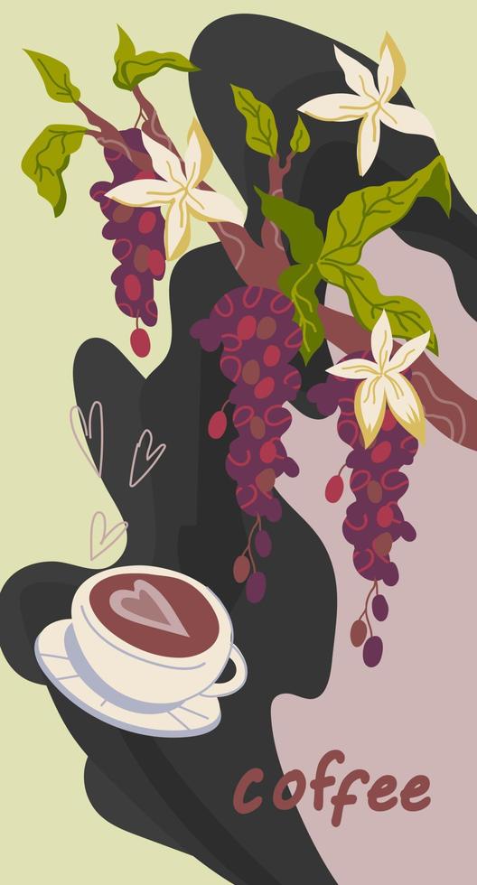 tarjeta de café o plantilla de volante con taza y rama de cafeto. diseño para menú de cafetería o paquete de productos. ilustración de vector plano sobre fondo marrón.