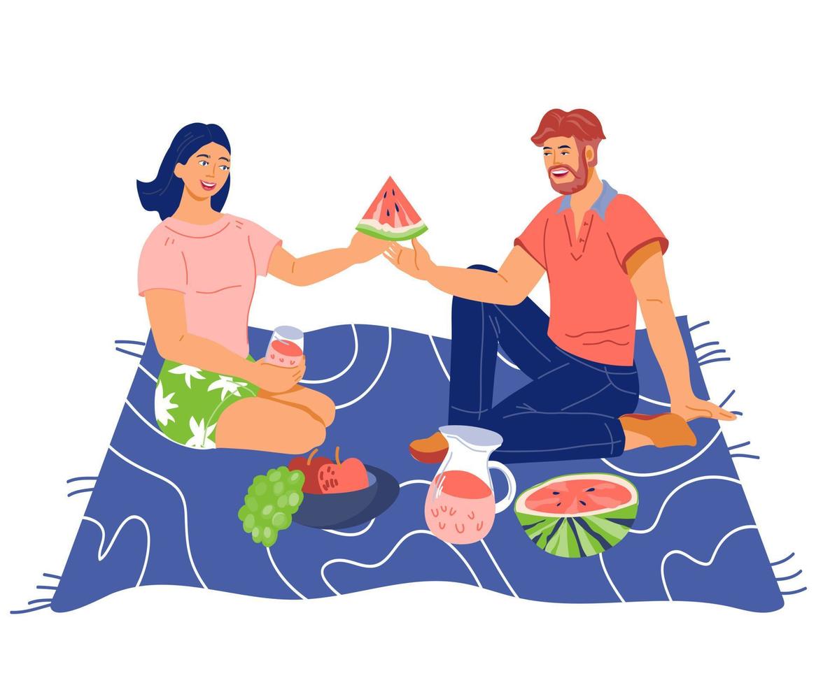 Couple having a summer picnic together, flat isolated vector illustration. A man and a woman sit on a plaid and treat each other on a picnic. People eat in nature.