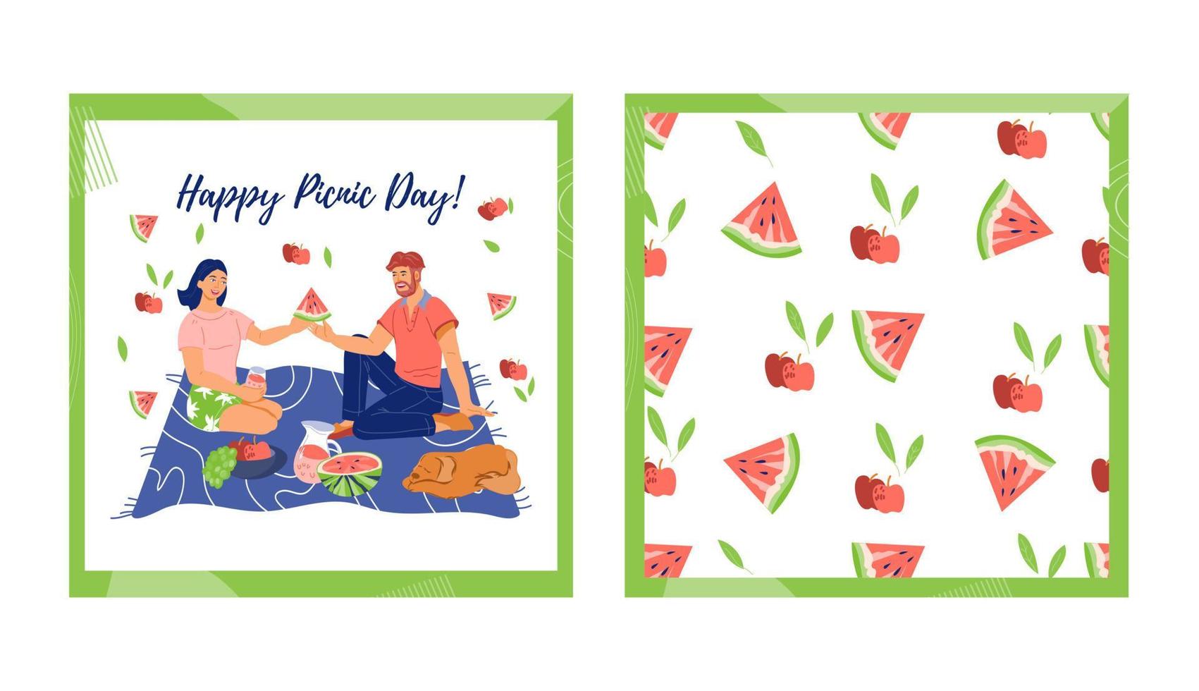 Set of cards for Picnic day with couple having a summer picnic together, flat isolated vector illustration. Kit of poster and seamless matching pattern with people eat outdoors.