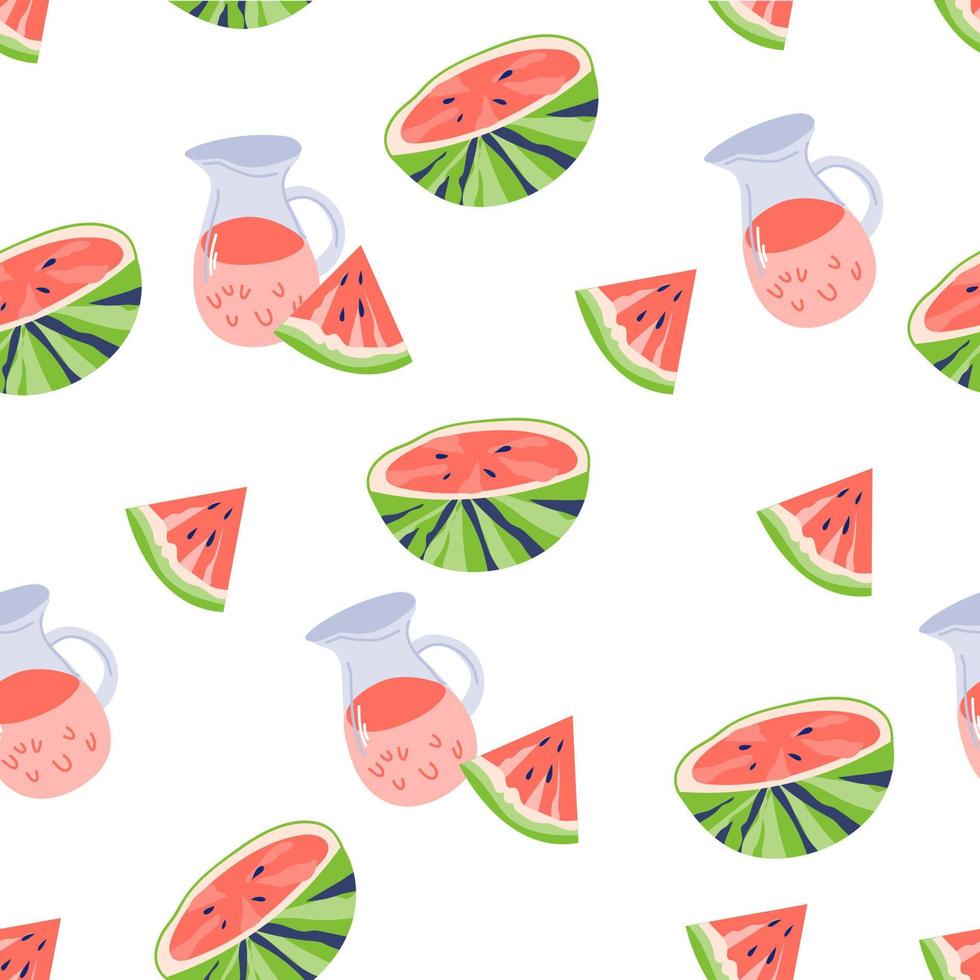 Summer seamless pattern with watermelon slices and jug of cold drink. Repeatable background with watermelon for summer clothes and other seasonal items flat vector illustration on white background.