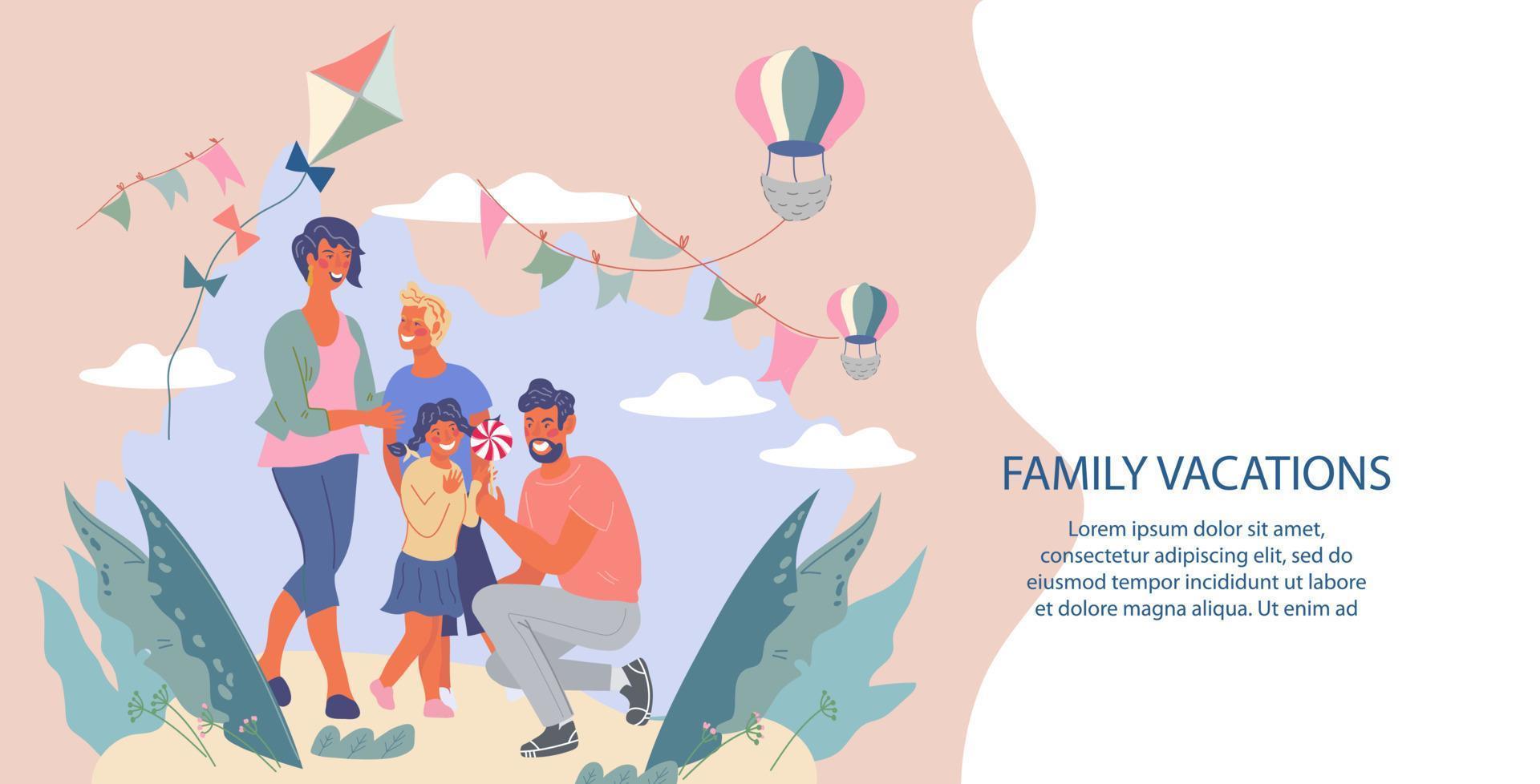 página web para vacaciones familiares y vacaciones en el parque con personajes de padres e hijos divirtiéndose. página de inicio para ocio activo de verano y entretenimiento familiar, ilustración vectorial plana. vector