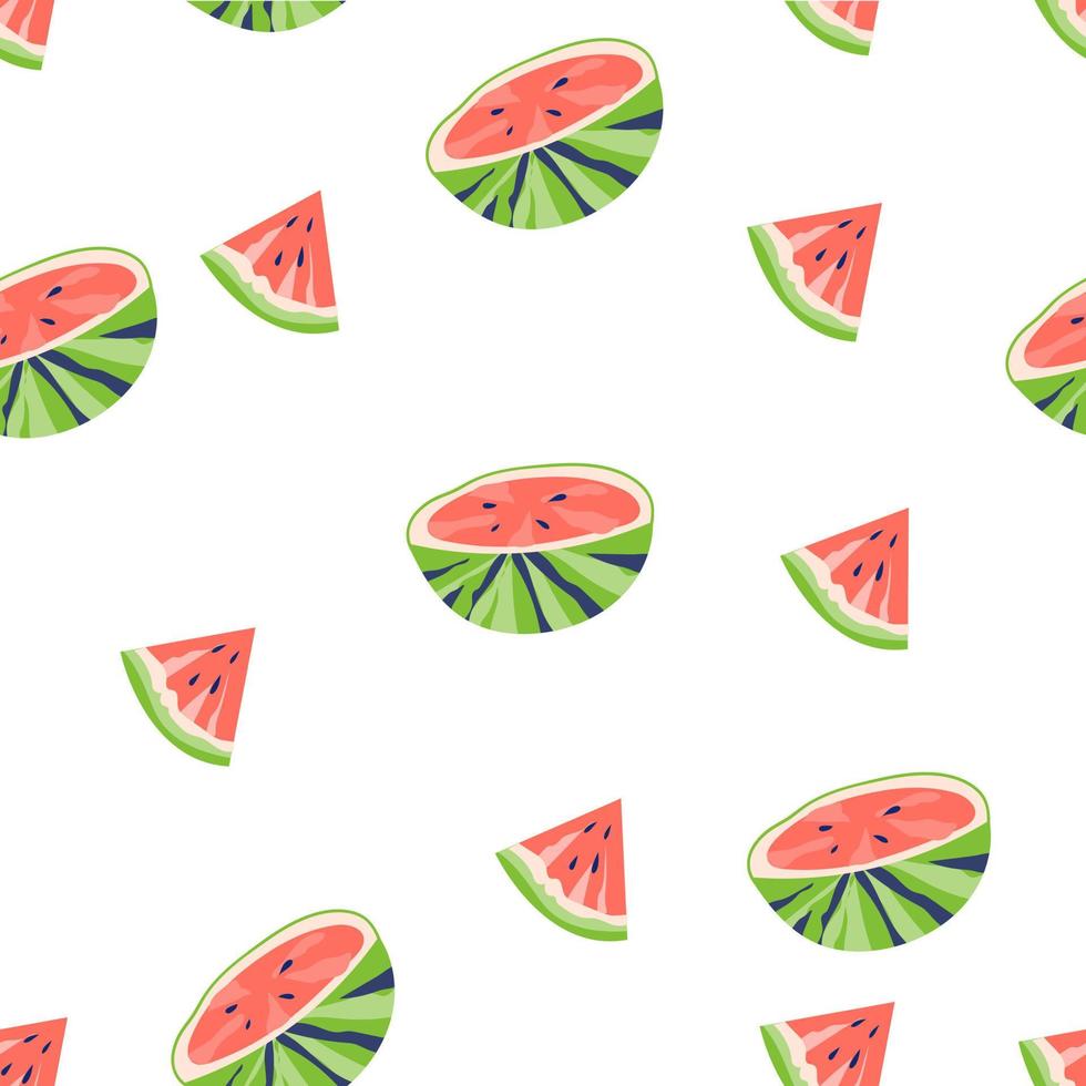 Summer seamless pattern design with halves and slices of watermelon, decorative repeatable texture for fabric and print. Flat vector illustration on white background.