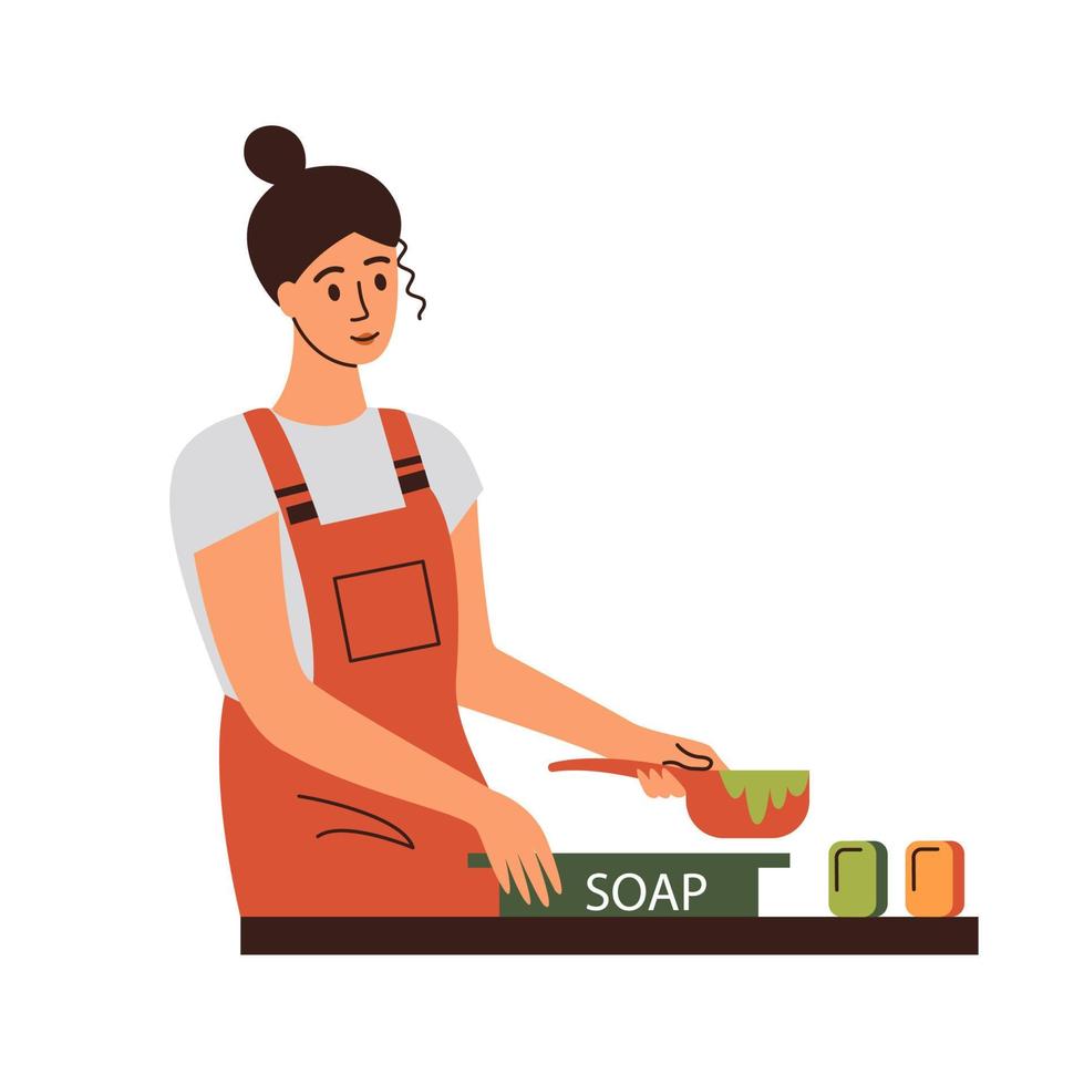 una mujer cocina jabón natural. jabón orgánico hecho a mano. elaboración de jabones caseros. vector