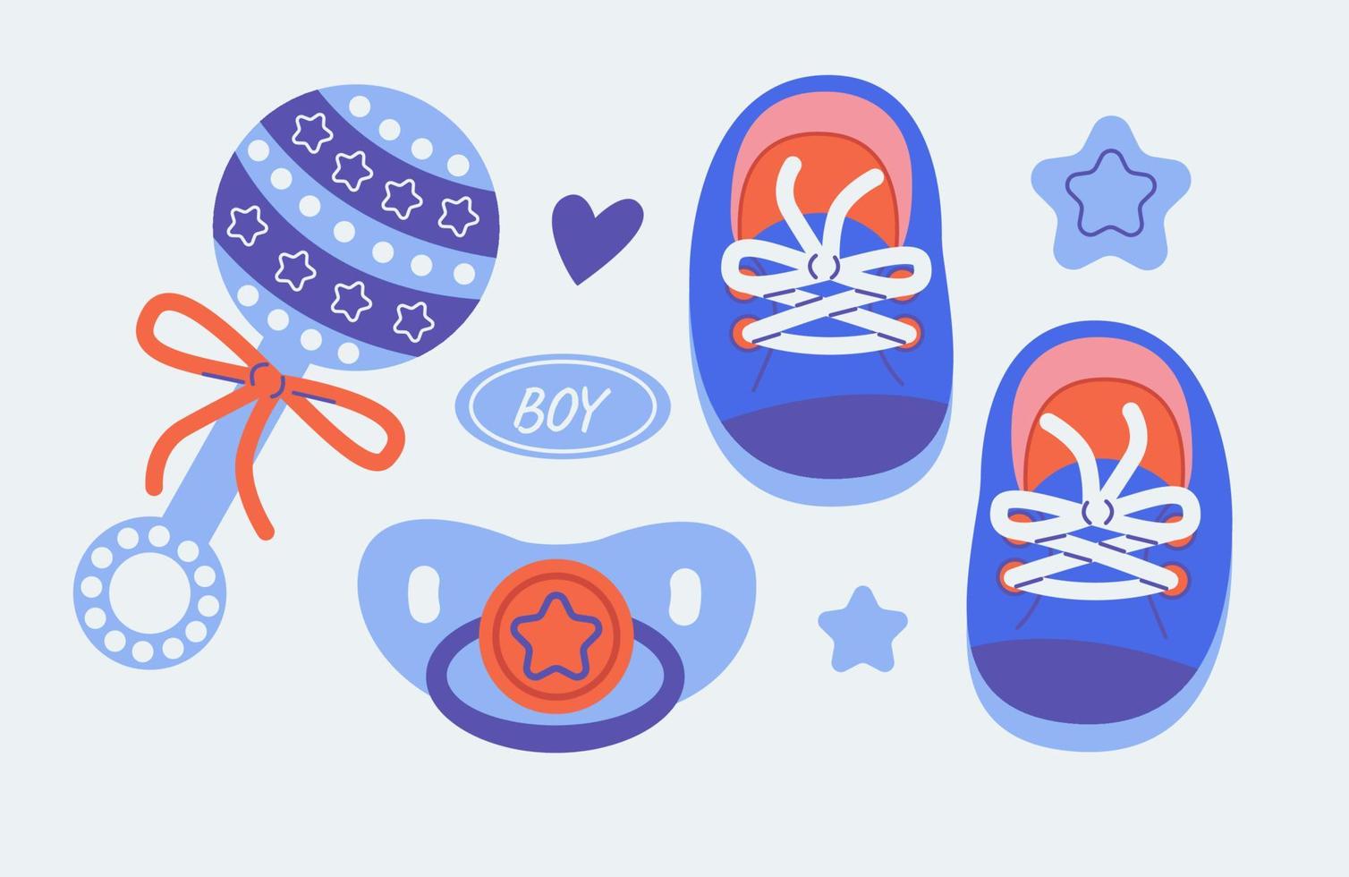 Baby dummy, rattle, booties for a boy, isolated carton set. vector