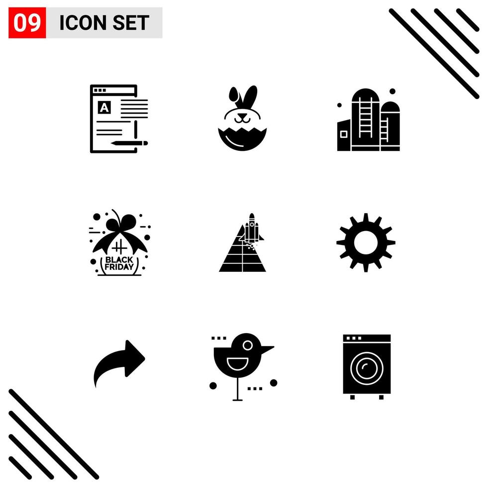 Set of 9 Commercial Solid Glyphs pack for aircraft space agriculture black friday tag discount Editable Vector Design Elements