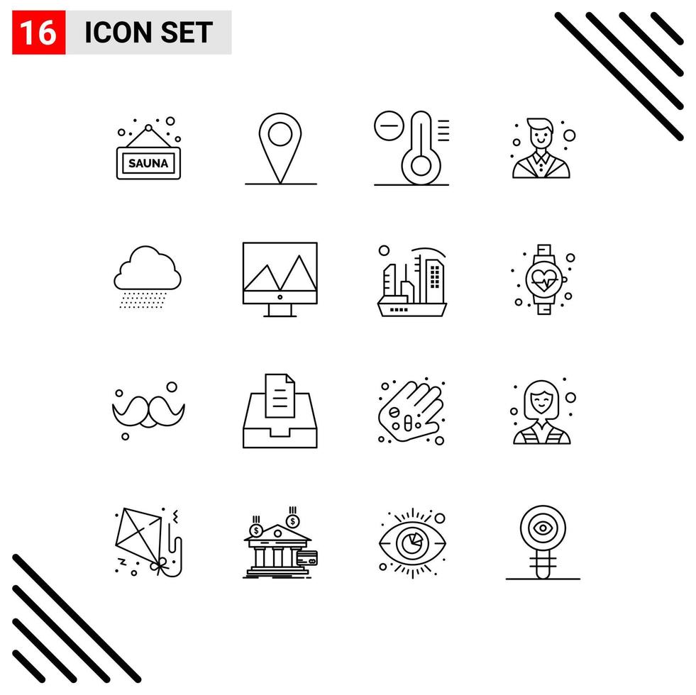 16 User Interface Outline Pack of modern Signs and Symbols of spring cloud decrease sky rain employee Editable Vector Design Elements