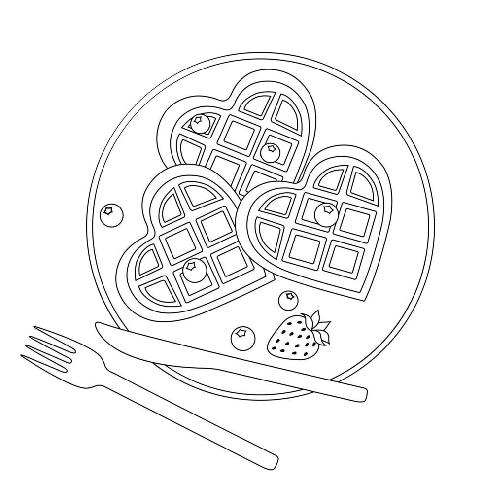 vector illustration romantic breakfast Viennese heart-shaped waffles with blueberries and strawberries, cutlery, doodle style and sketch