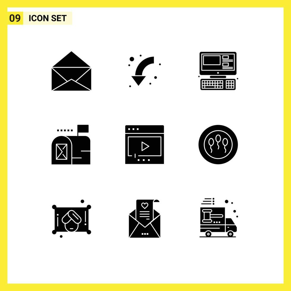 Pack of 9 creative Solid Glyphs of movie film computer mailbox email Editable Vector Design Elements