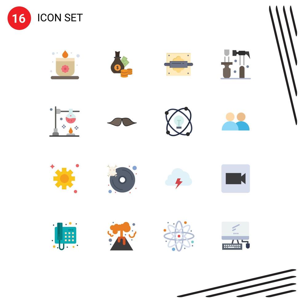 Pack of 16 Modern Flat Colors Signs and Symbols for Web Print Media such as chemistry tools rolling screwdriver construction Editable Pack of Creative Vector Design Elements
