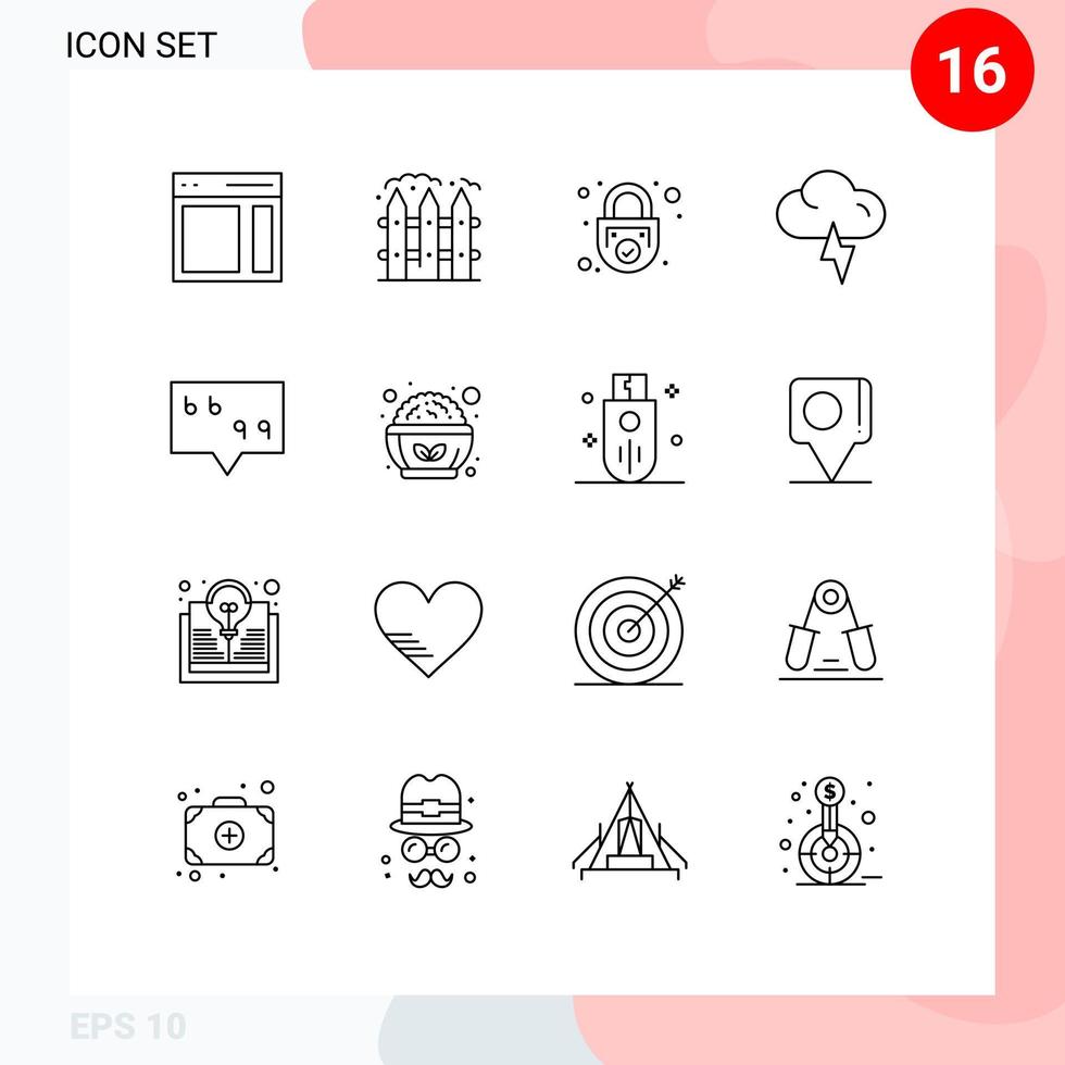 Pictogram Set of 16 Simple Outlines of bubble lightning garden cloud secure Editable Vector Design Elements