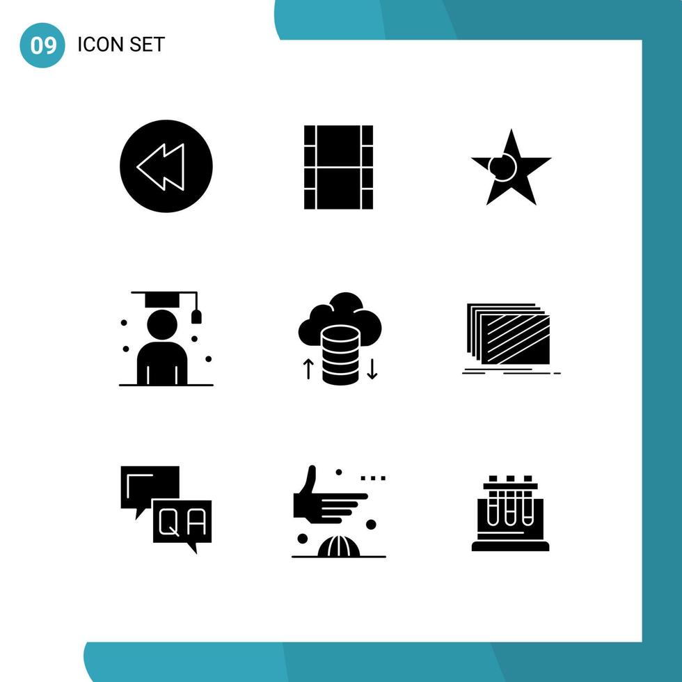 Mobile Interface Solid Glyph Set of 9 Pictograms of layer hosting network avatar cloud network student Editable Vector Design Elements
