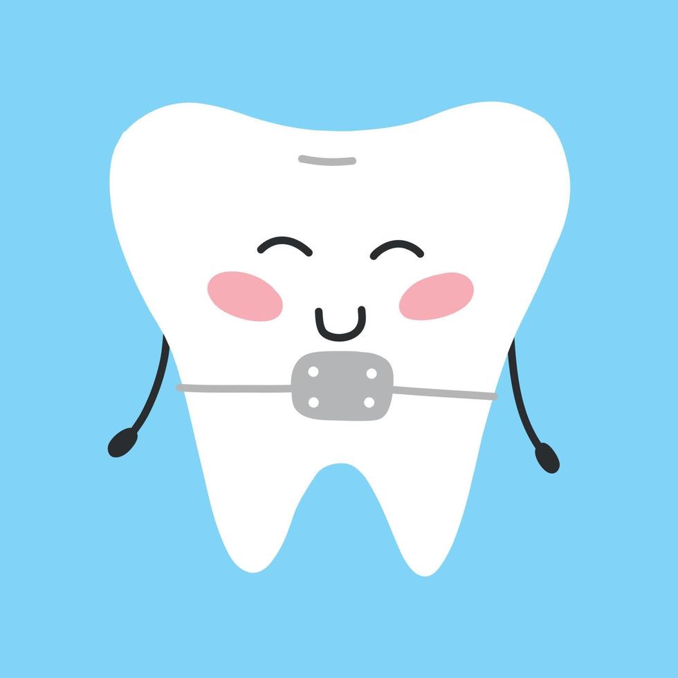 Happy tooth with braces in kawaii style. Vector illustration. Cartoon style. Tooth character.