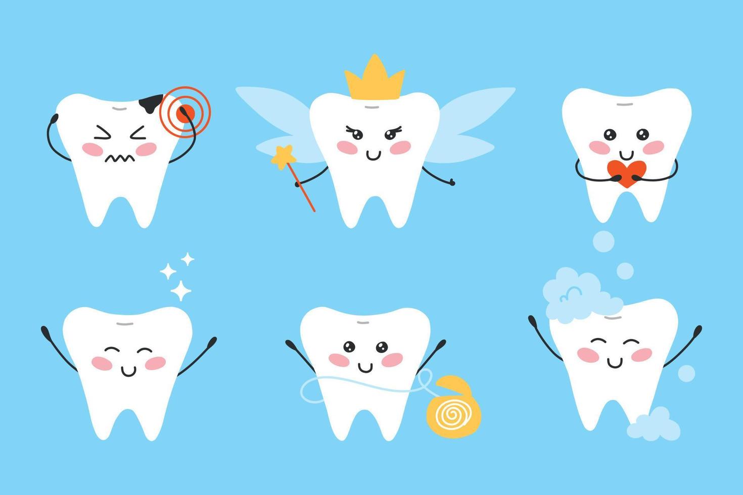 Set of teeth in kawaii style. Character teeth collection. Vector illustration. Flat cartoon style. Tooth vein, toothache, clean tooth, dental floss.