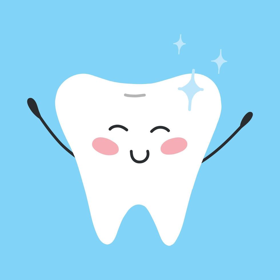 Happy clean tooth character. Kawaii style tooth. Vector illustration. Flat cartoon style.