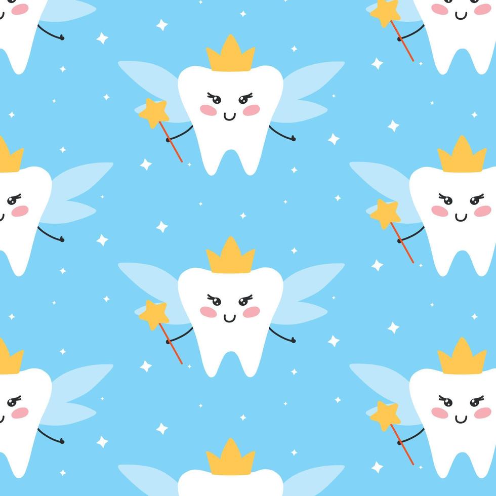 Seamless pattern with tooth fairy. Children's pattern with a fairy. Vector illustration . Flat cartoon style. Kawaii style tooth print.