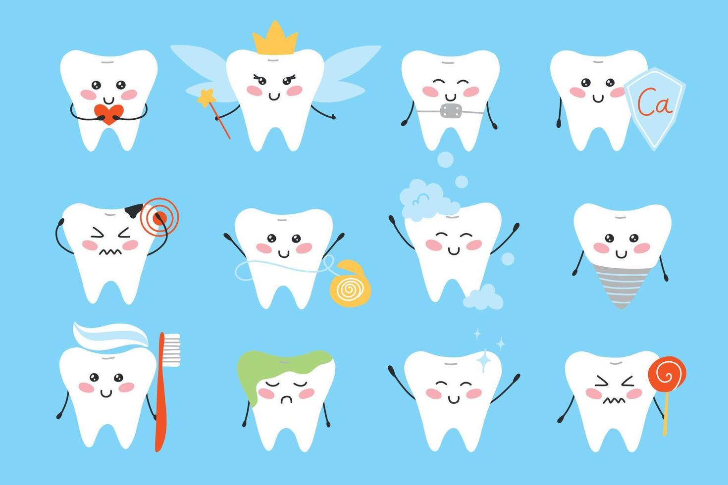 Set of teeth in kawaii style. Character teeth collection. Vector illustration. Flat cartoon style. Tooth vein, toothache, clean tooth, dental floss.