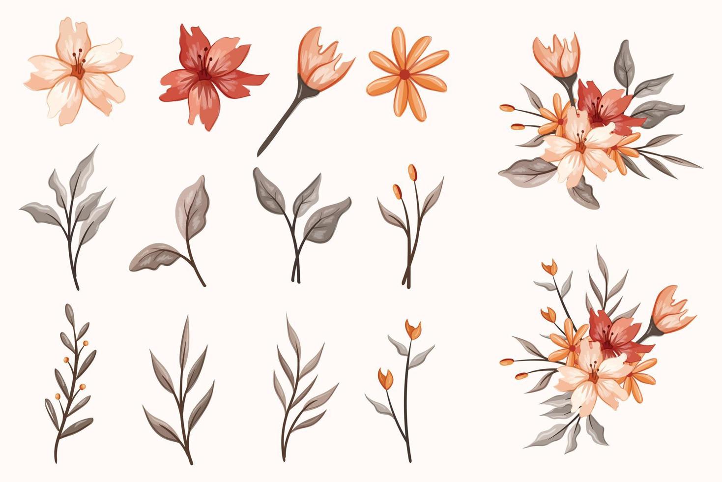 establecer elementos florales de flores botánicas. ramas, hojas, hierbas, plantas silvestres, flores. jardín, prado, hoja de colección de campo, follaje, ramas. Ilustración de vector de flor aislado sobre fondo blanco