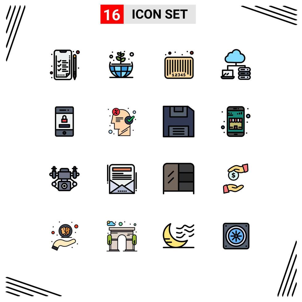 16 concepto de línea rellena de color plano para sitios web móviles y aplicaciones protección de tecnología código de barras red bloqueada elementos de diseño de vectores creativos editables