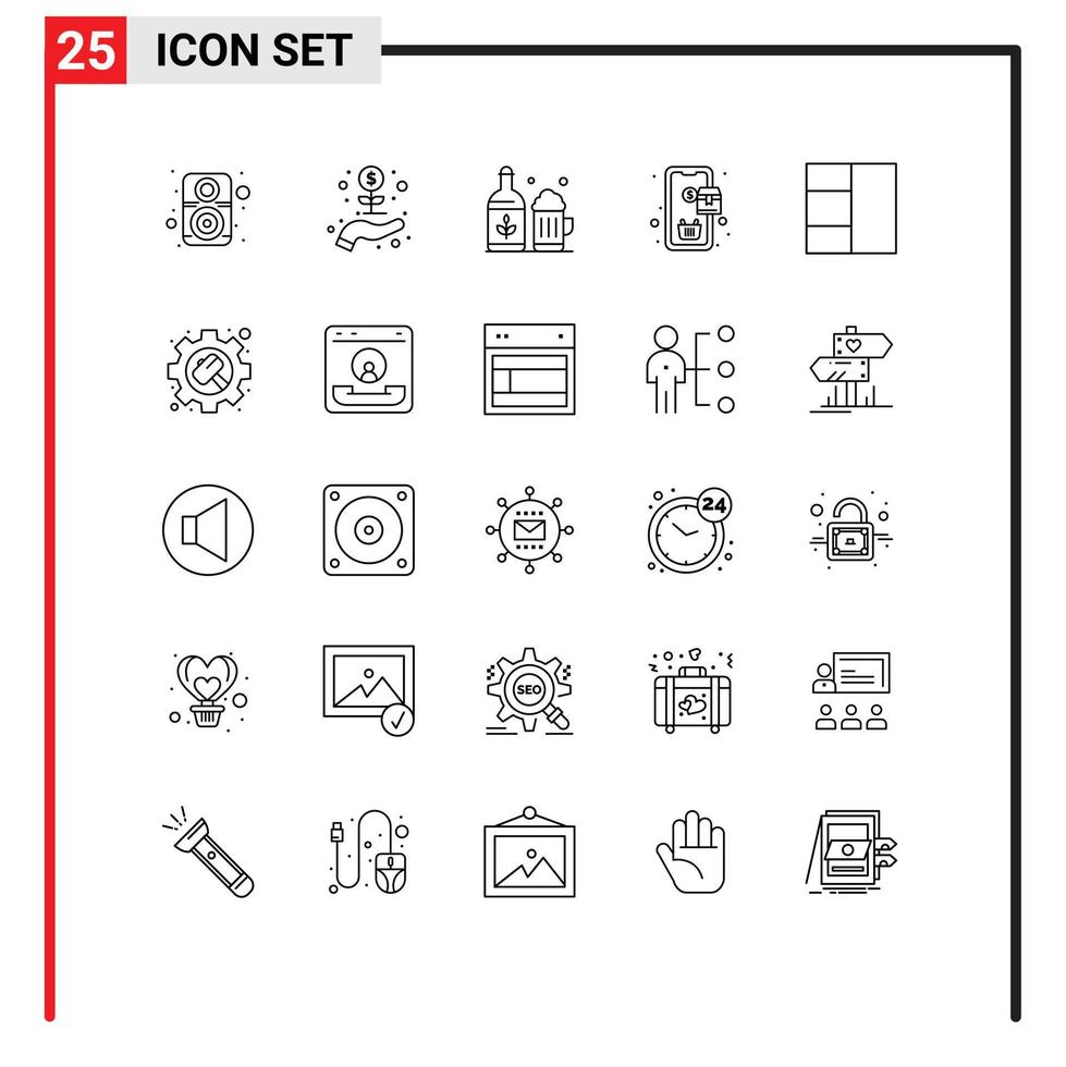 25 Universal Line Signs Symbols of wireframe shopping beer purchase mobile Editable Vector Design Elements