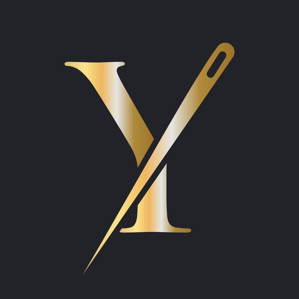 Initial Letter Y Tailor Logo, Needle and Thread Combination for Embroider, Textile, Fashion, Cloth, Fabric, Golden Color Template vector