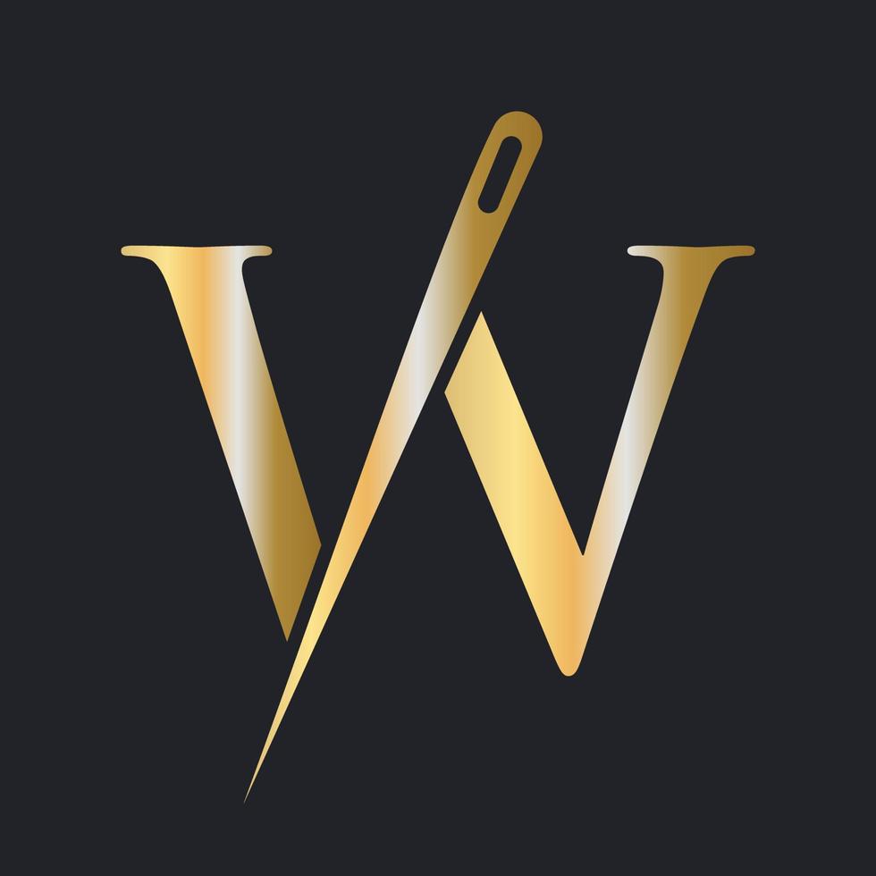 Initial Letter W Tailor Logo, Needle and Thread Combination for Embroider, Textile, Fashion, Cloth, Fabric, Golden Color Template vector