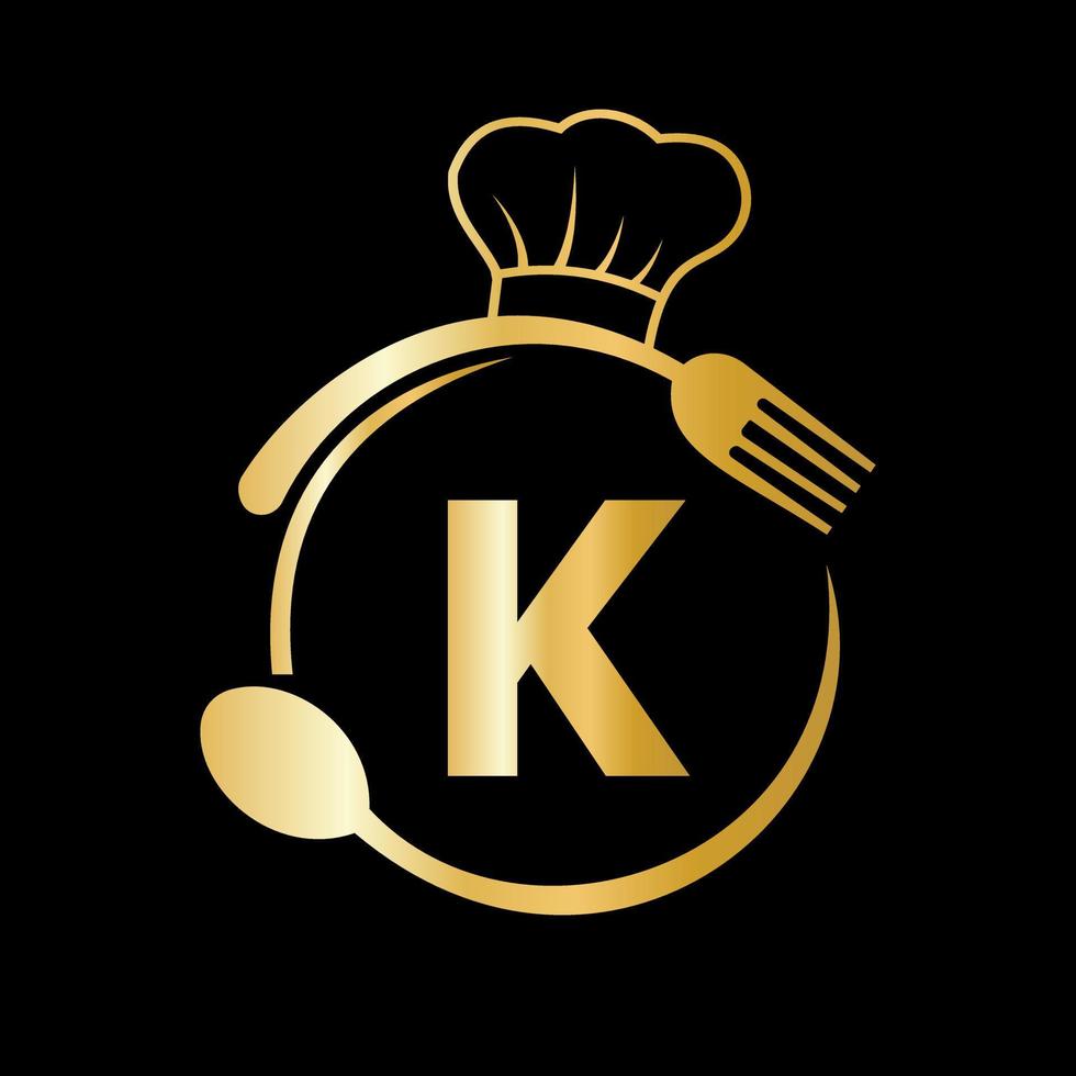 logotipo del restaurante en la letra k con sombrero de chef, símbolo de cuchara y tenedor para letrero de cocina, icono de café, restaurante, vector de negocios de cocina