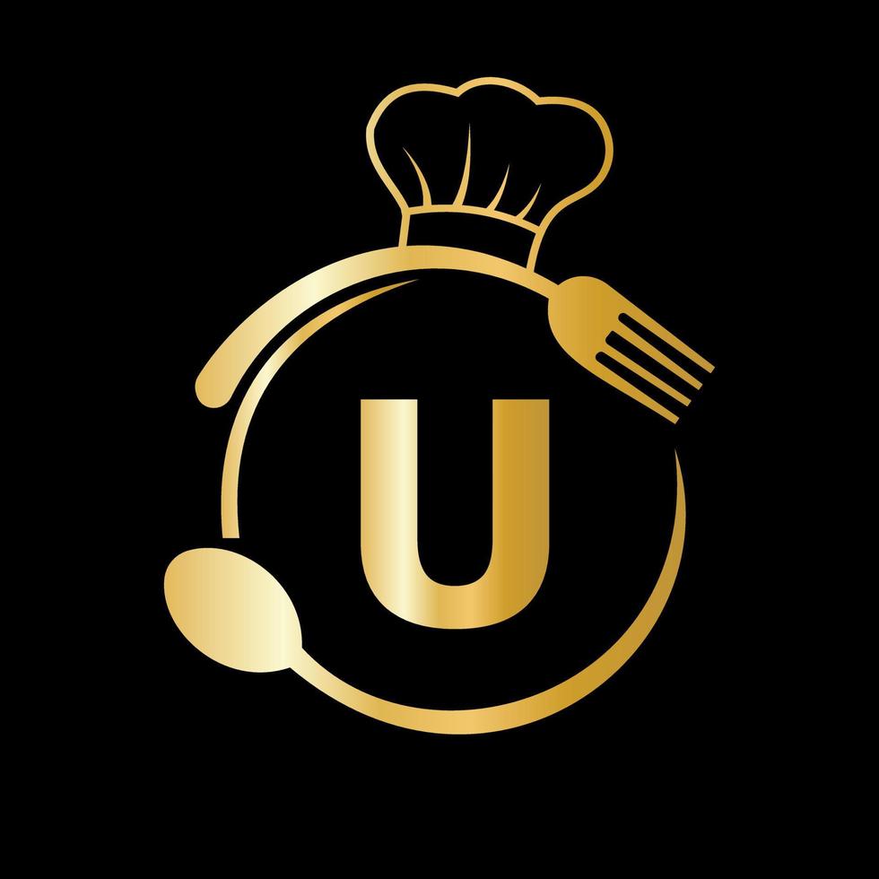 logotipo del restaurante en la letra u con sombrero de chef, símbolo de cuchara y tenedor para letrero de cocina, icono de café, restaurante, vector de negocios de cocina
