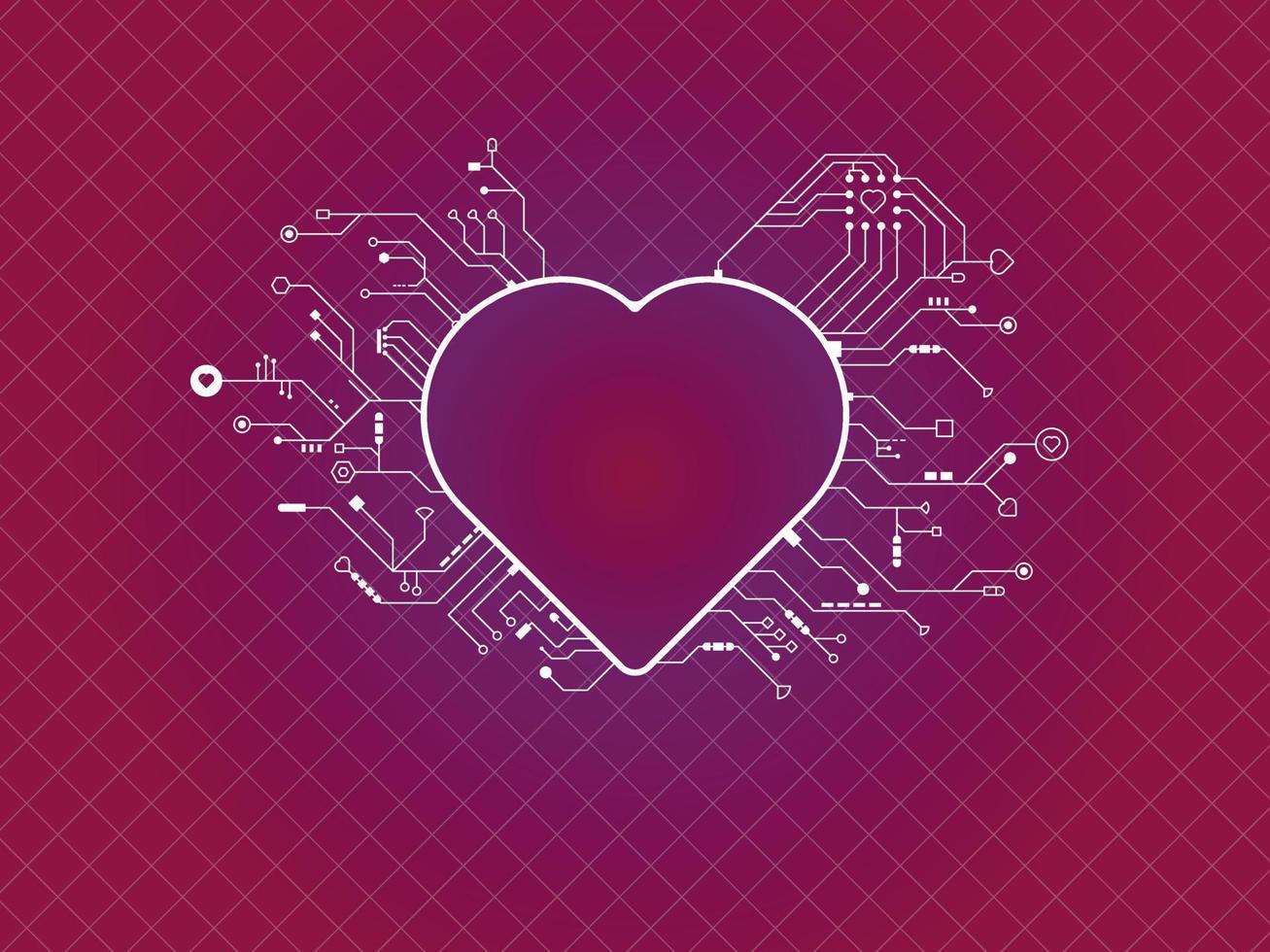 Heart with technical components, circuit board, connection lines in hardware elements vector