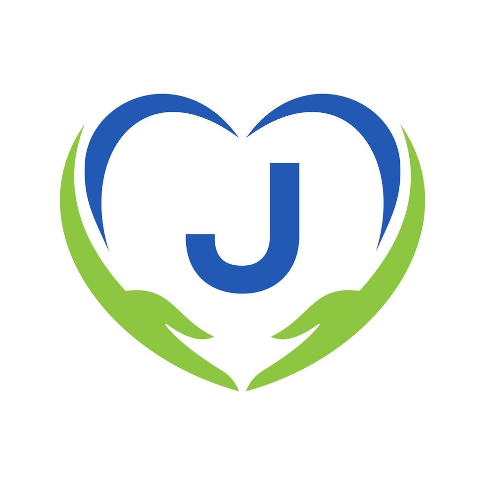 logotipo de cuidado de manos en la letra j. logotipo de caridad, atención médica, fundación con símbolo de mano vector