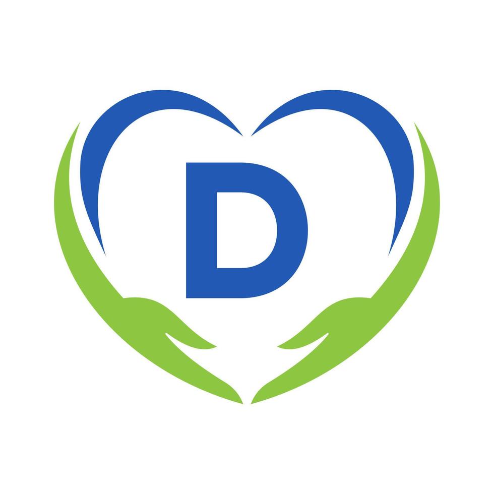 Hand Care Logo On Letter D. Charity Logotype, Healthcare Care, Foundation with Hand Symbol vector