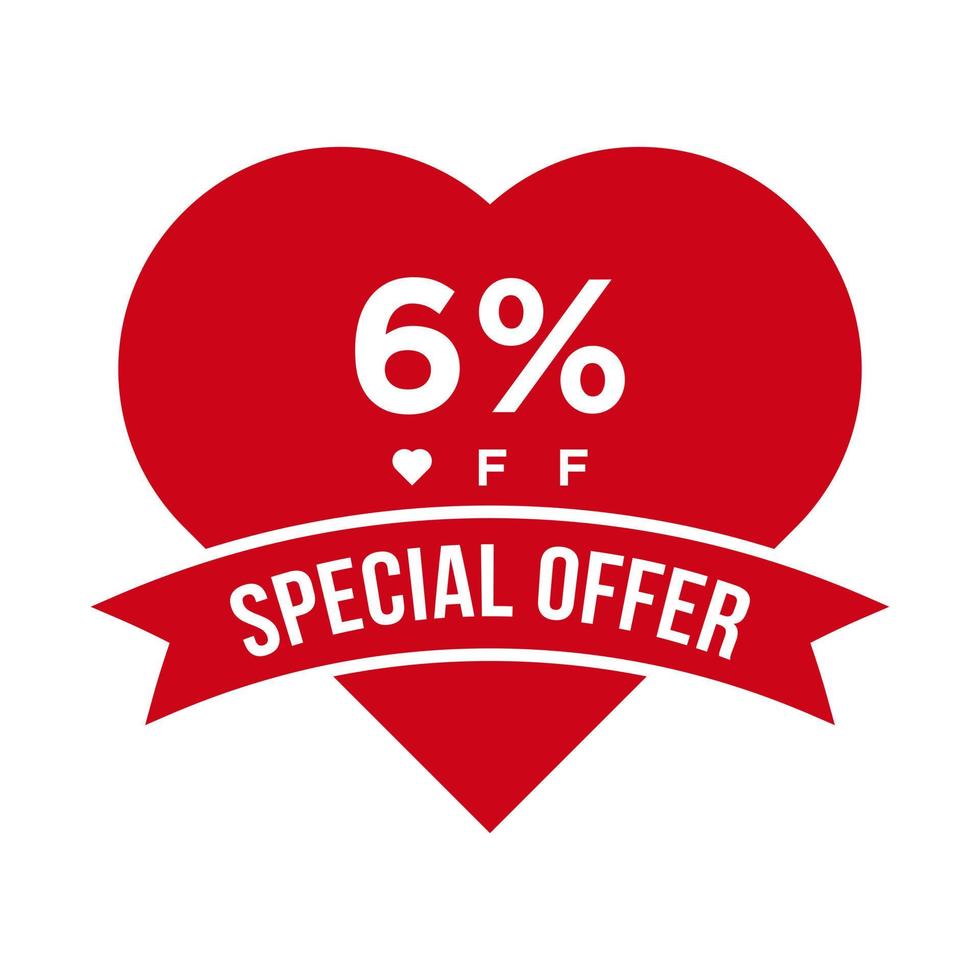 6 Percent OFF Sale Discount Promotion Banner. Special Offer, Event, Valentine Day Sale, Holiday Discount Tag Vector Template