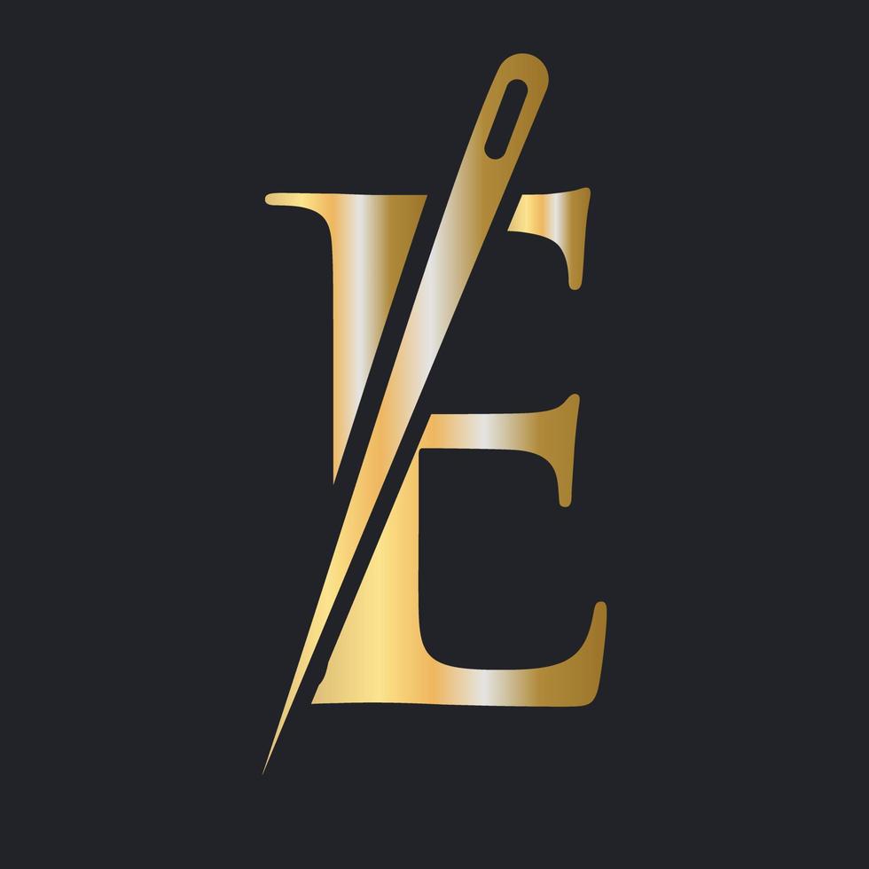 Initial Letter E Tailor Logo, Needle and Thread Combination for Embroider, Textile, Fashion, Cloth, Fabric, Golden Color Template vector