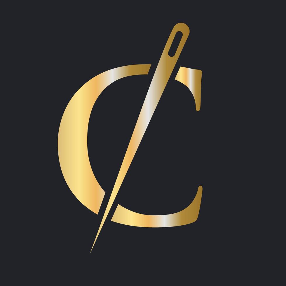 Initial Letter C Tailor Logo, Needle and Thread Combination for Embroider, Textile, Fashion, Cloth, Fabric, Golden Color Template vector