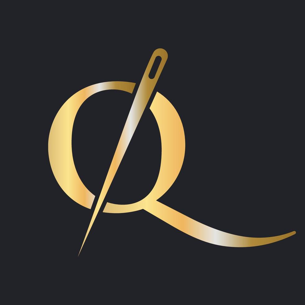 Initial Letter Q Tailor Logo, Needle and Thread Combination for Embroider, Textile, Fashion, Cloth, Fabric, Golden Color Template vector