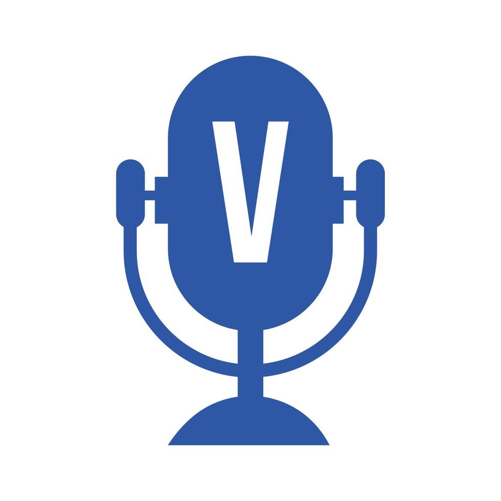 Podcast Radio Logo On Letter V Design Using Microphone Template. Dj Music, Podcast Logo Design, Mix Audio Broadcast Vector