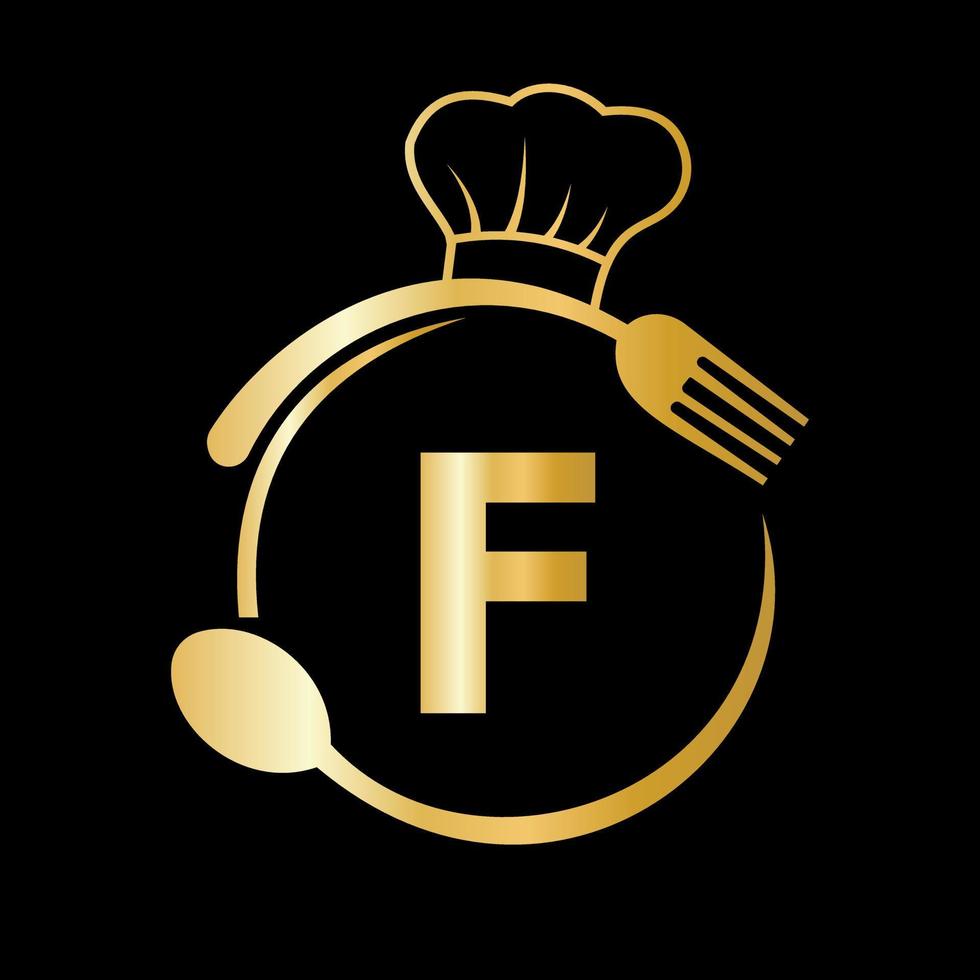 logotipo del restaurante en la letra f con sombrero de chef, símbolo de cuchara y tenedor para letrero de cocina, icono de café, restaurante, vector de negocio de cocina