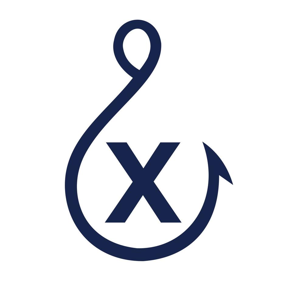 logotipo de pesca en el signo de la letra x, plantilla de logotipo de anzuelo de pesca vector